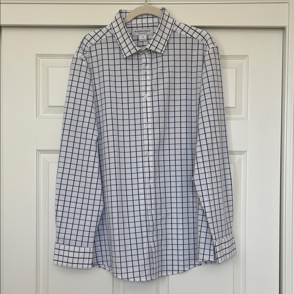 NWOT Mizzen+Main Blue and White Plaid Dress Shirt Men's XL Trim Fit